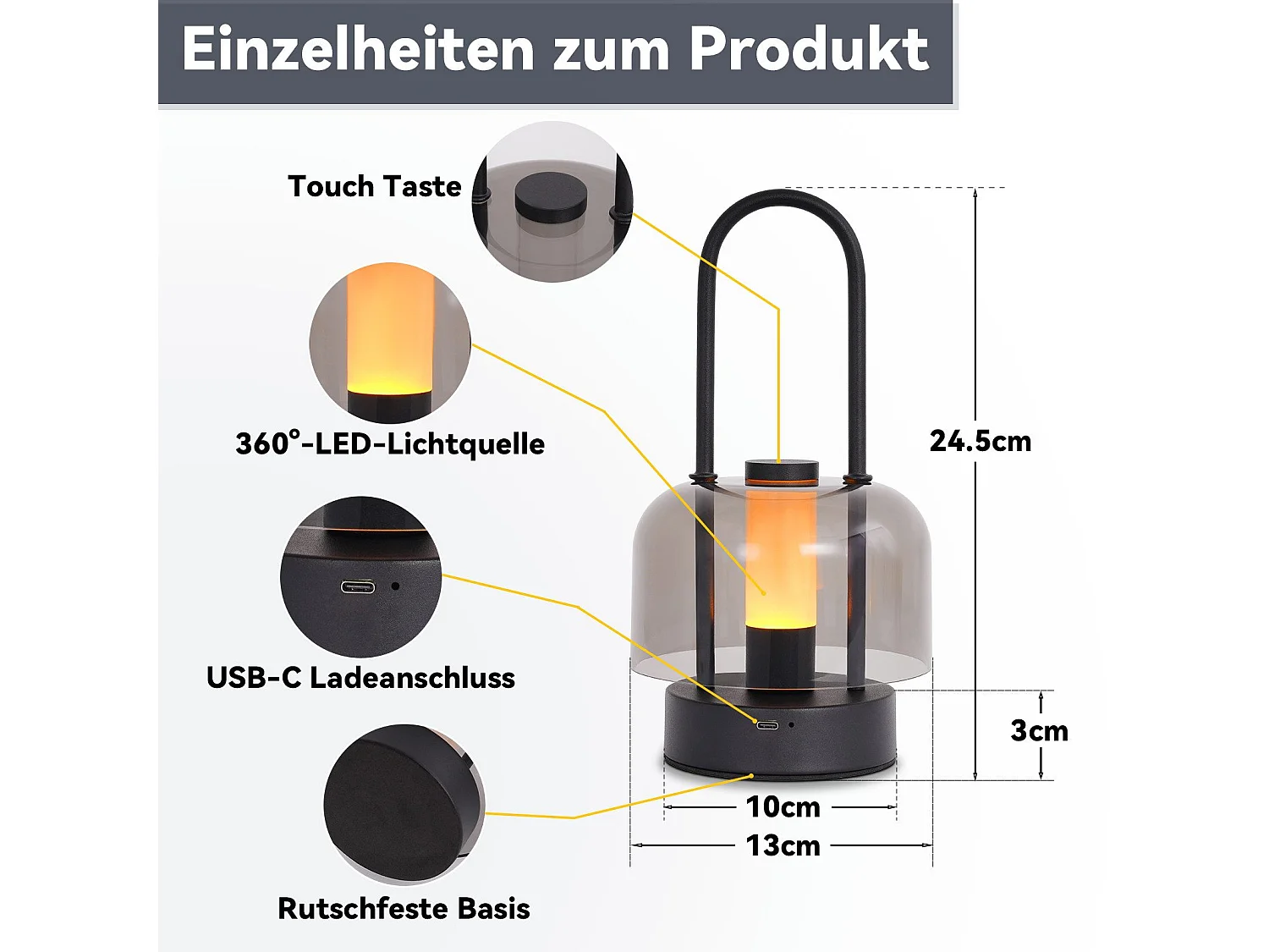 NETTLIFE Lampe de table portable à led nettlife, lampe de chevet sans fil, intensité variable 1800 k-6500 k, avec mémoire