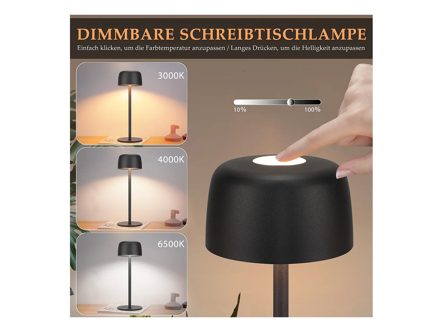 NETTLIFE Lampe de table LED sans fil, lampe de chevet à réglage continu avec batterie