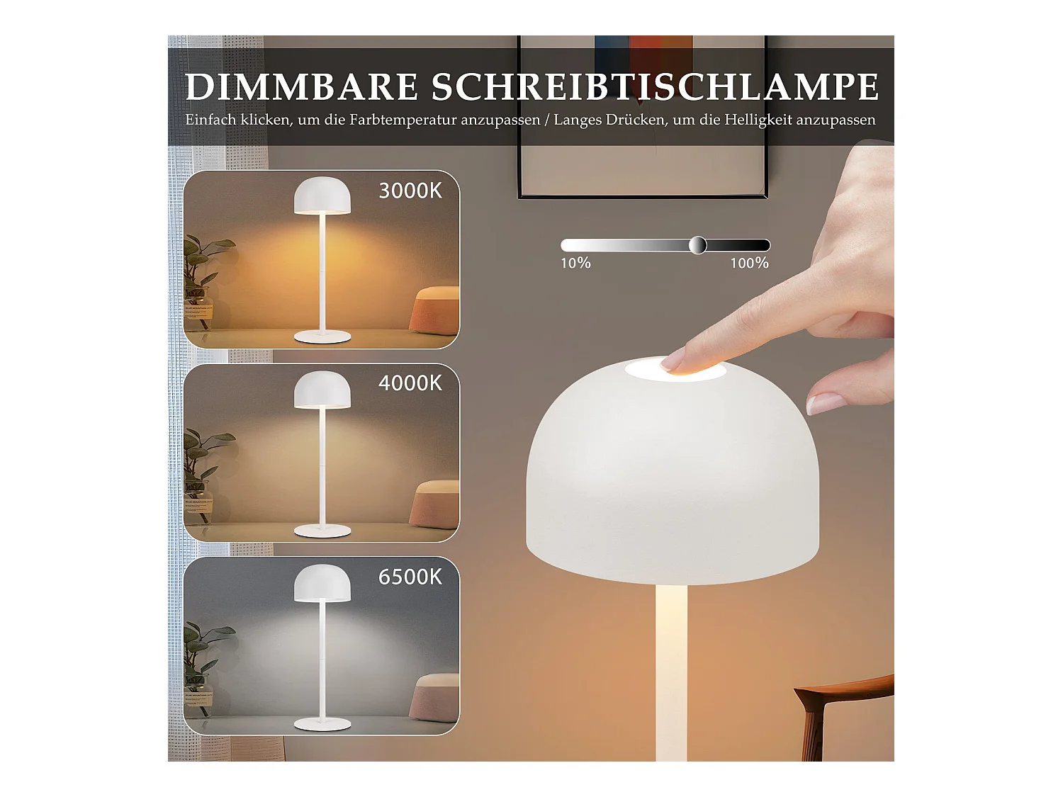 NETTLIFE Lot de 2 lampes de table LED sans fil : lampe de table tactile à intensité variable avec 3 températures de couleur et port USB
