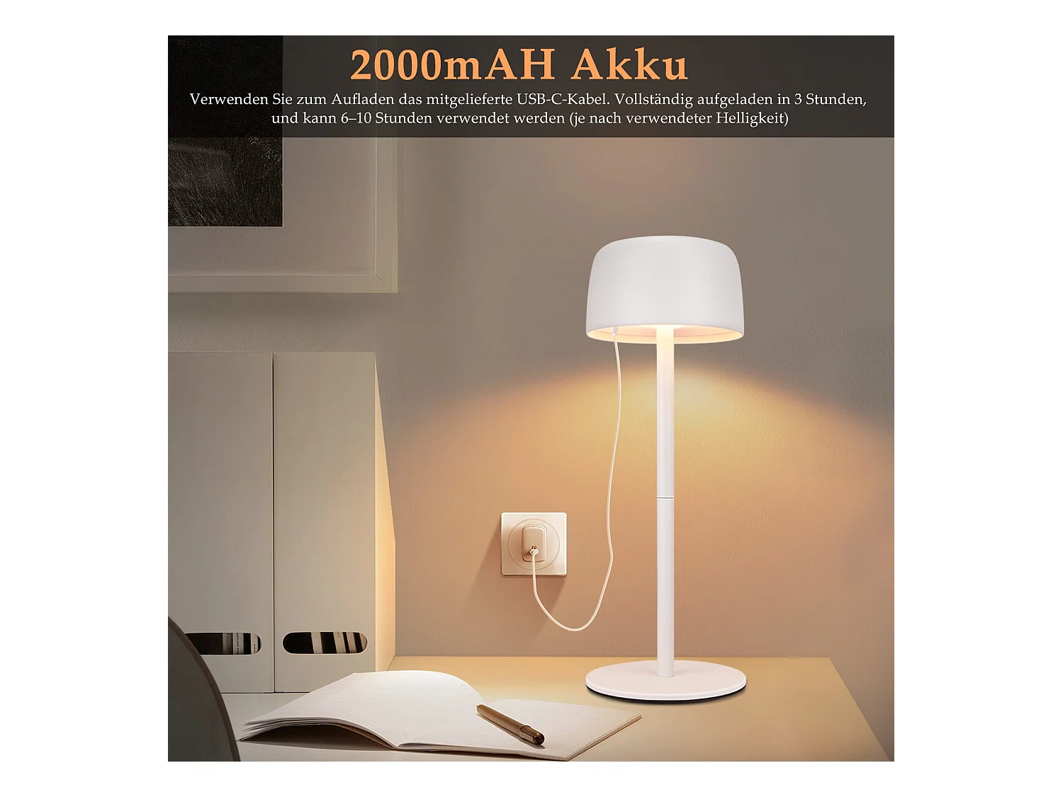 NETTLIFE Draadloze LED-tafellamp, traploos dimbaar bedlampje met accu