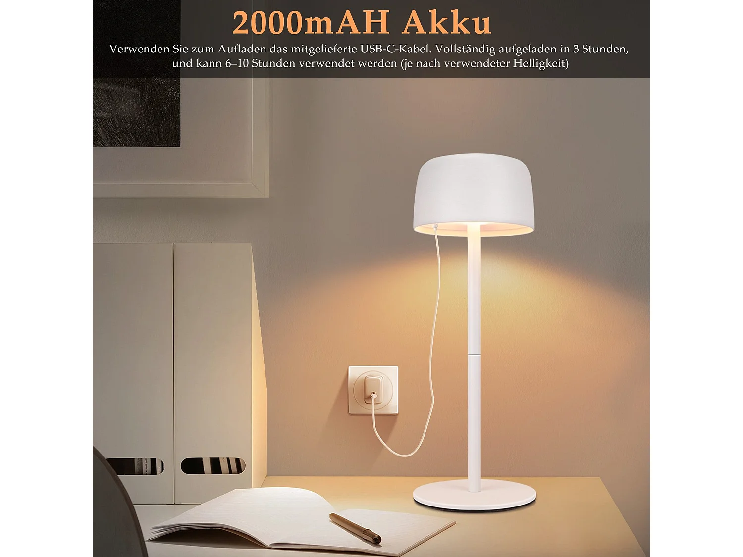 NETTLIFE Draadloze LED-tafellamp, traploos dimbaar bedlampje met accu