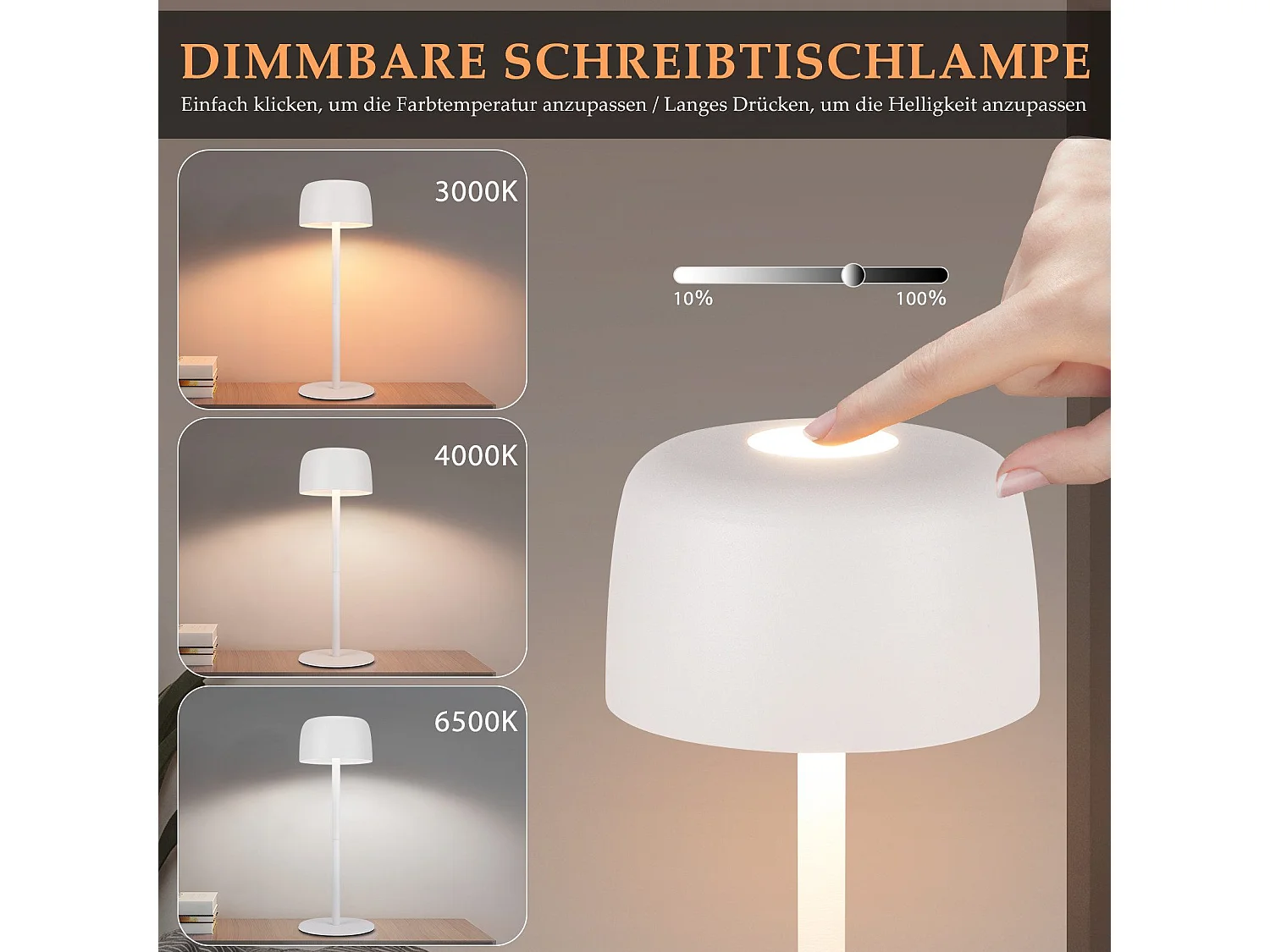 NETTLIFE Kabellose LED-Tischlampe, stufenlos dimmbare Nachttischlampe mit Akku