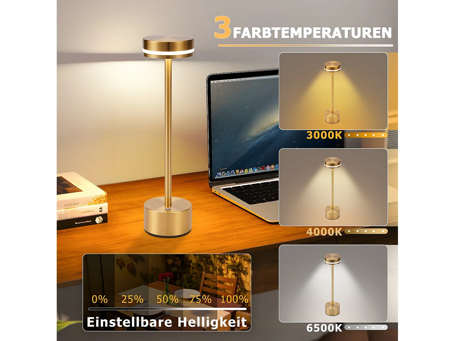 NETTLIFE Lampe de table led sans fil, à piles, à intensité variable, rechargeable par usb-c, tactile, dorée, pour chambre,  (dorée, lot de 2)