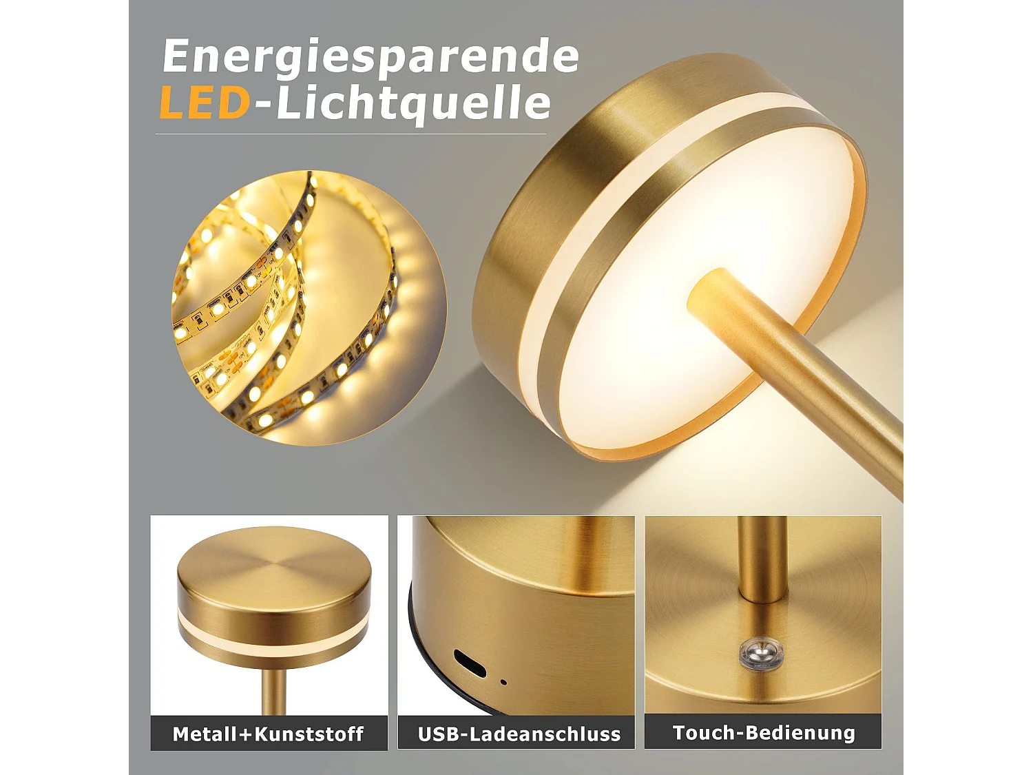 NETTLIFE Lampe de table led sans fil, à piles, à intensité variable, rechargeable par usb-c, tactile, dorée, pour chambre,  (dorée, lot de 2)