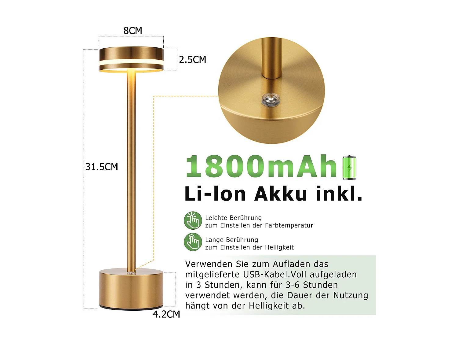 NETTLIFE Lampe de table led sans fil, à piles, à intensité variable, rechargeable par usb-c, tactile, dorée, pour chambre,  (dorée, lot de 2)