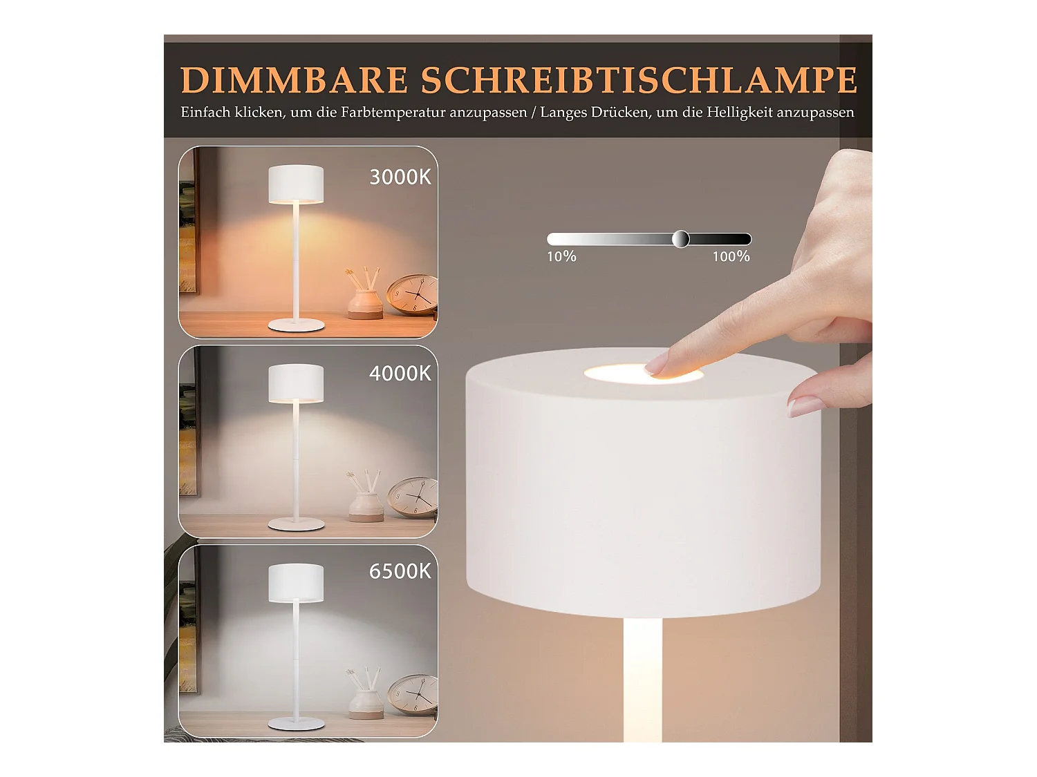 NETTLIFE Draadloze LED-tafellamp, 2-pack: dimbare touch-tafellamp met 3 kleurtemperaturen, in hoogte verstelbaar, USB