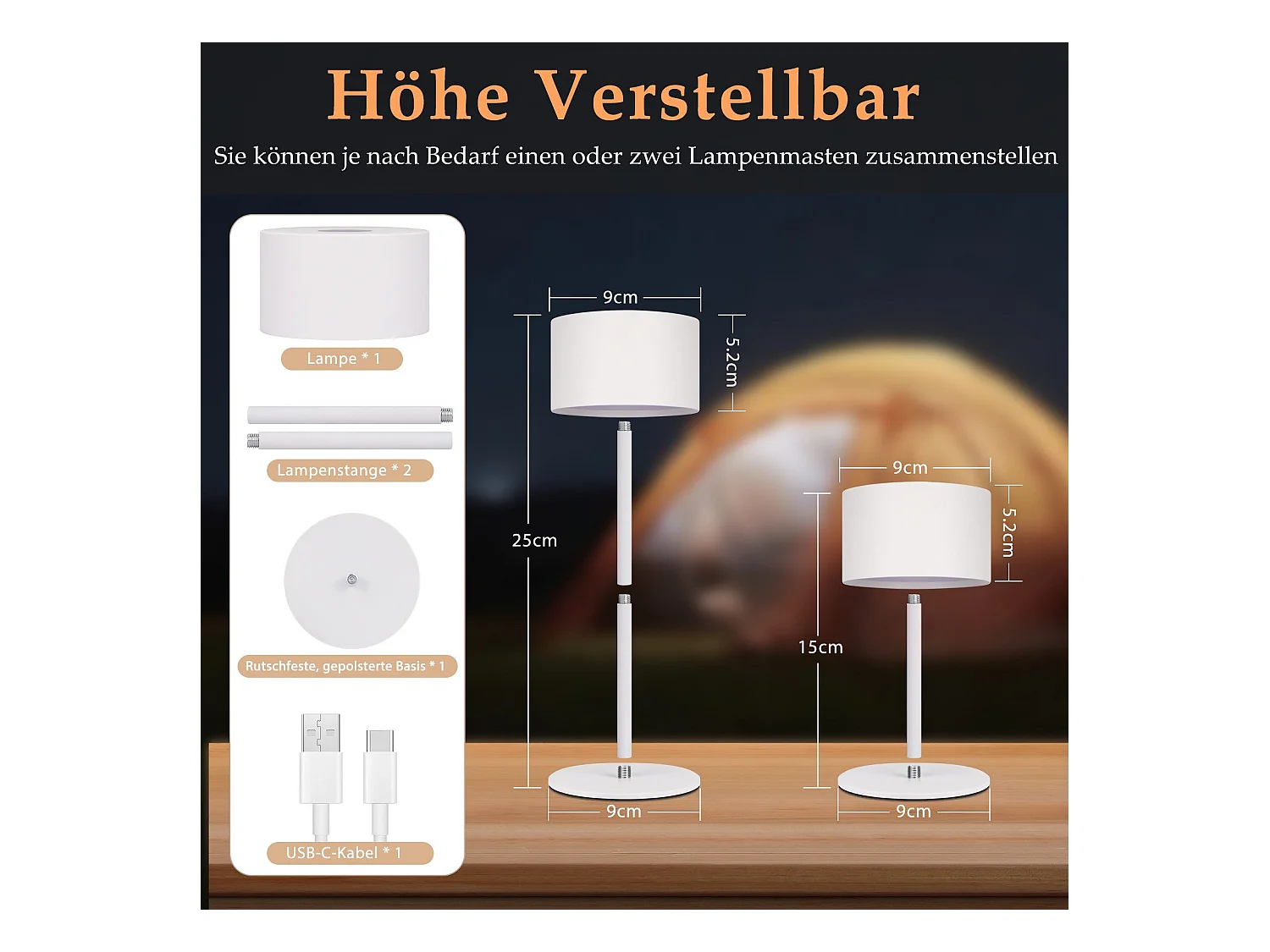 NETTLIFE Draadloze LED-tafellamp, 2-pack: dimbare touch-tafellamp met 3 kleurtemperaturen, in hoogte verstelbaar, USB