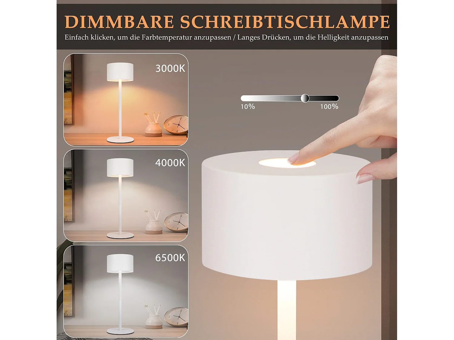 NETTLIFE Kabellose LED-Tischlampe, 2er-Pack: Dimmbare Touch-Tischlampe mit 3 Farbtemperaturen, höhenverstellbar, USB