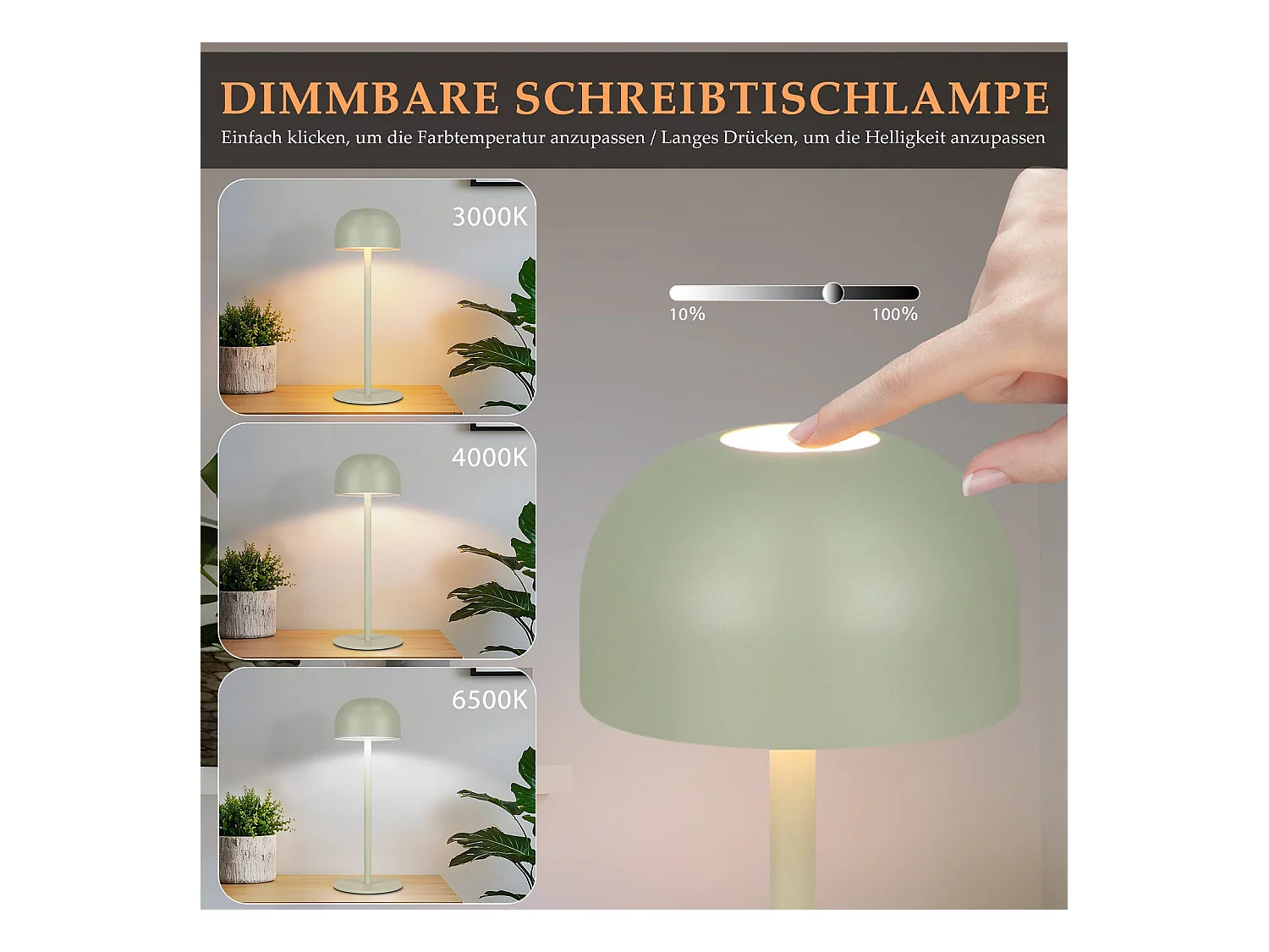 NETTLIFE Lampe de table LED sans fil, lot de 2 : Lampe de table tactile à intensité variable avec 3 températures de couleur