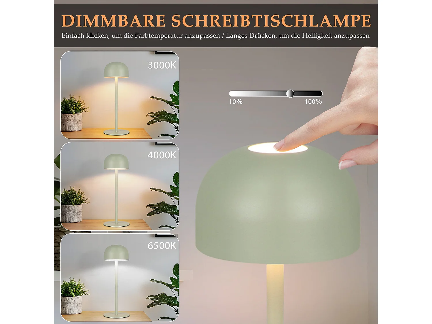 NETTLIFE Lampe de table LED sans fil, lot de 2 : Lampe de table tactile à intensité variable avec 3 températures de couleur