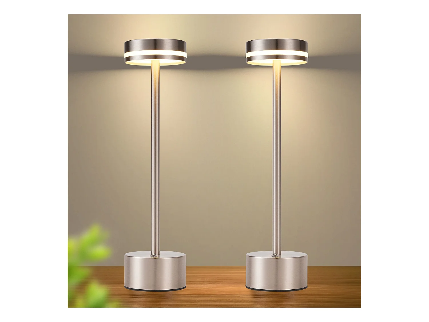 NETTLIFE Nettlife draadloze LED-tafellamp, op batterijen, dimbaar, oplaadbaar via USB-C, touch, goud, bureaulamp (zilver, 2 stuks)