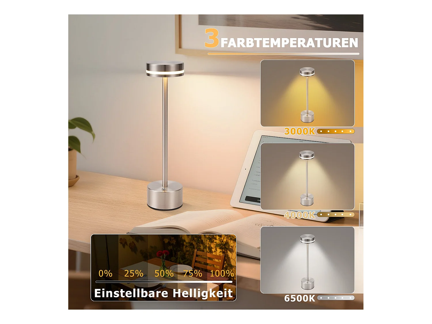 NETTLIFE Nettlife draadloze LED-tafellamp, op batterijen, dimbaar, oplaadbaar via USB-C, touch, goud, bureaulamp (zilver, 2 stuks)
