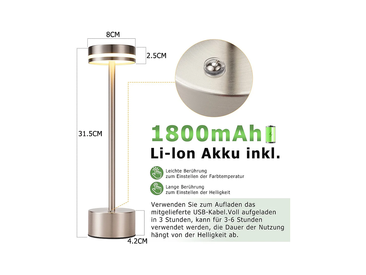 NETTLIFE Nettlife draadloze LED-tafellamp, op batterijen, dimbaar, oplaadbaar via USB-C, touch, goud, bureaulamp (zilver, 2 stuks)