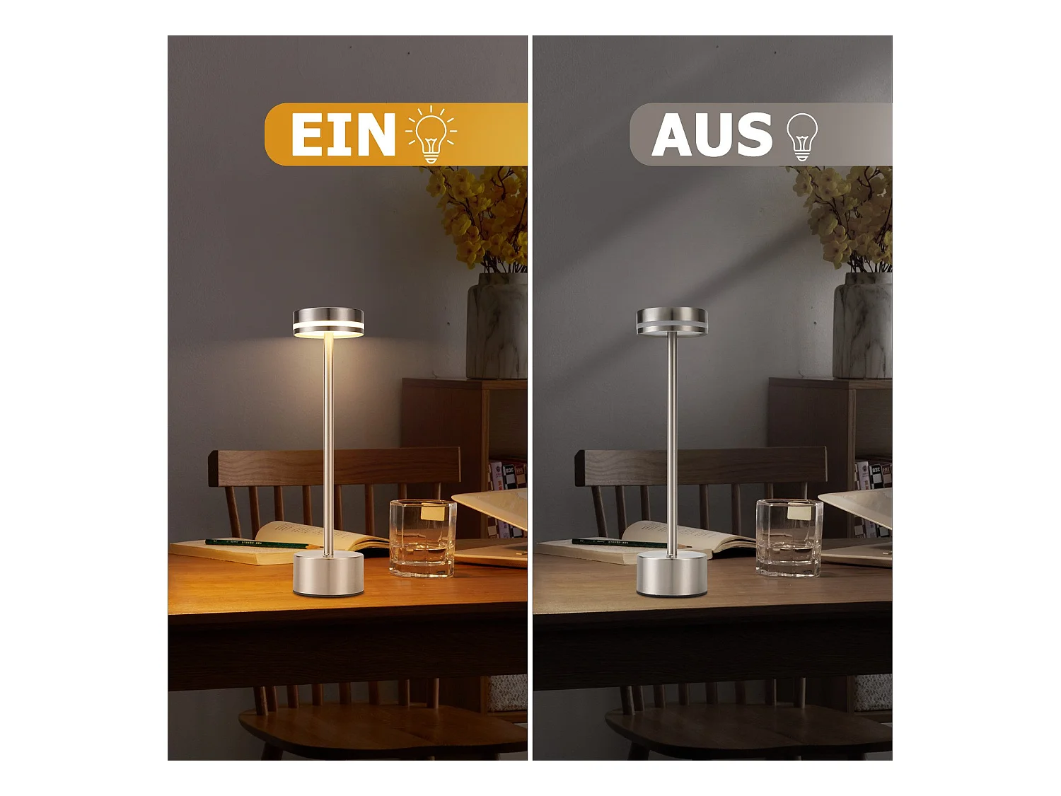 NETTLIFE Nettlife draadloze LED-tafellamp, op batterijen, dimbaar, oplaadbaar via USB-C, touch, goud, bureaulamp (zilver, 2 stuks)