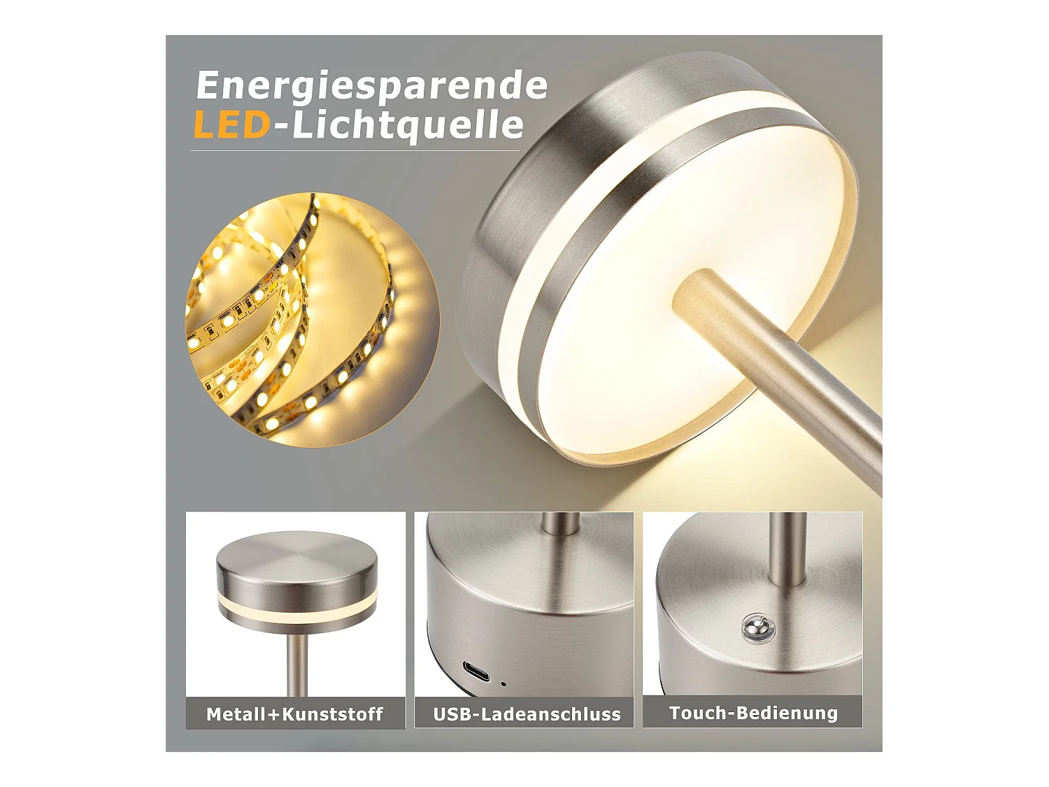 NETTLIFE Lampe de table led sans fil nettlife, à piles, à intensité variable, rechargeable par usb-c, tactile, dorée,bureau (argent, lot de 2)