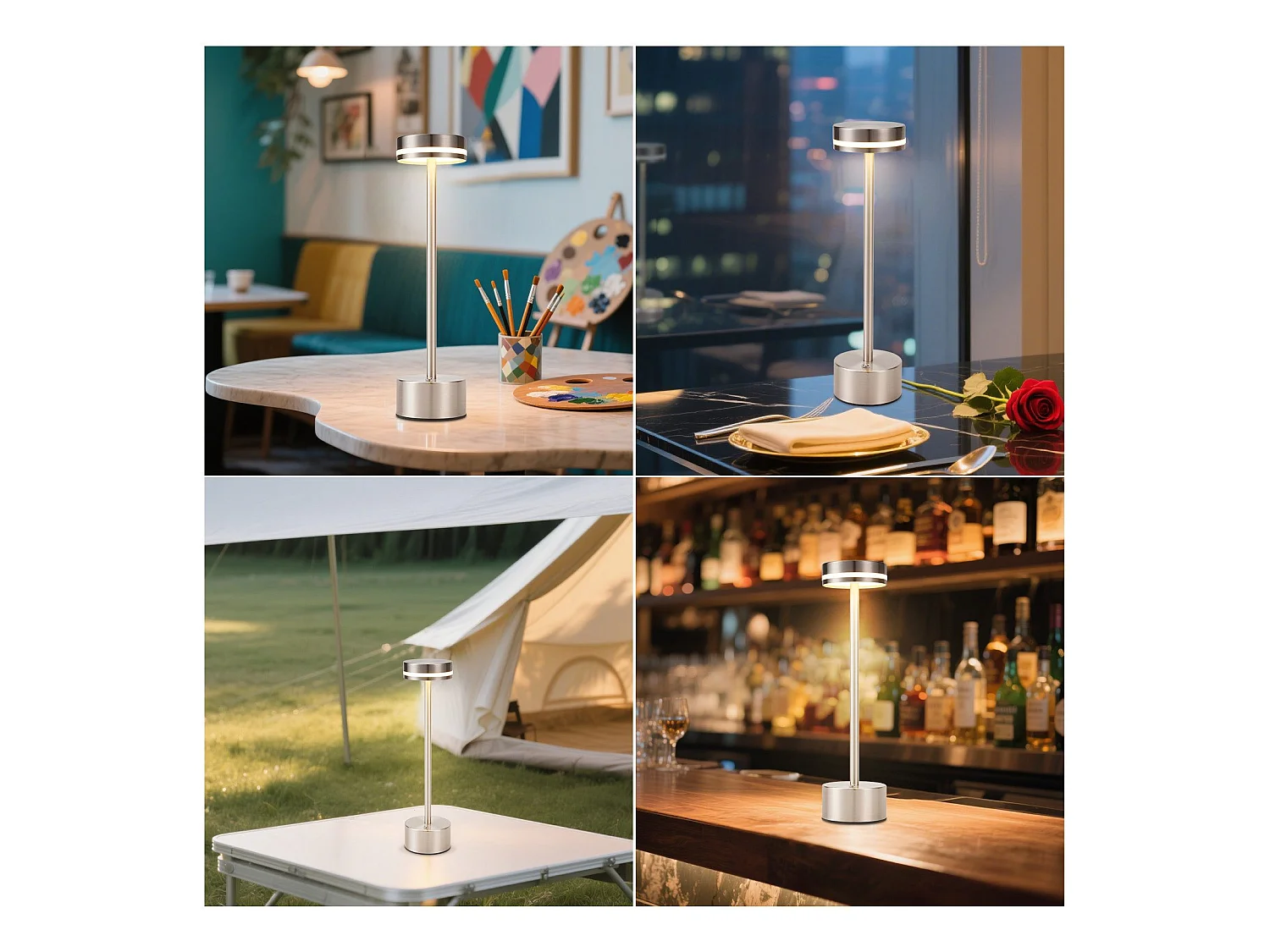 NETTLIFE Lampe de table led sans fil nettlife, à piles, à intensité variable, rechargeable par usb-c, tactile, dorée,bureau (argent, lot de 2)