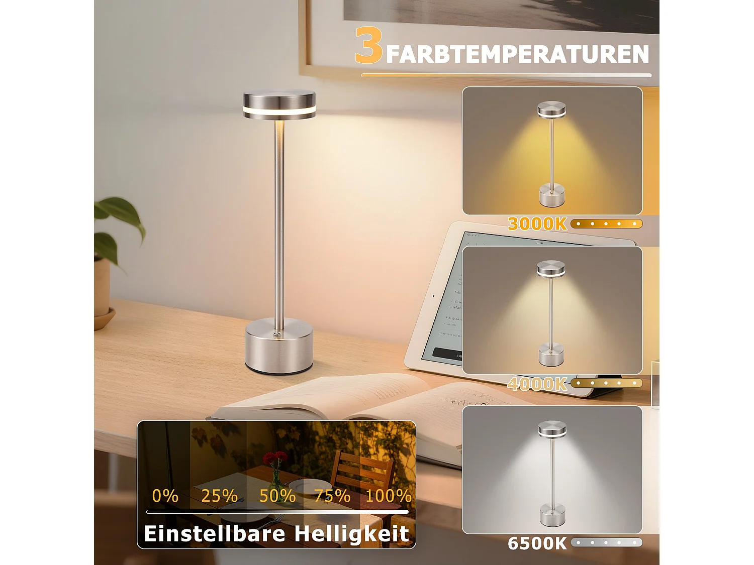 NETTLIFE Nettlife kabellose LED-Tischlampe, batteriebetrieben, dimmbar, wiederaufladbar über USB-C, Touch, Gold, Schreibtisch (Silber, 2er-Pack)