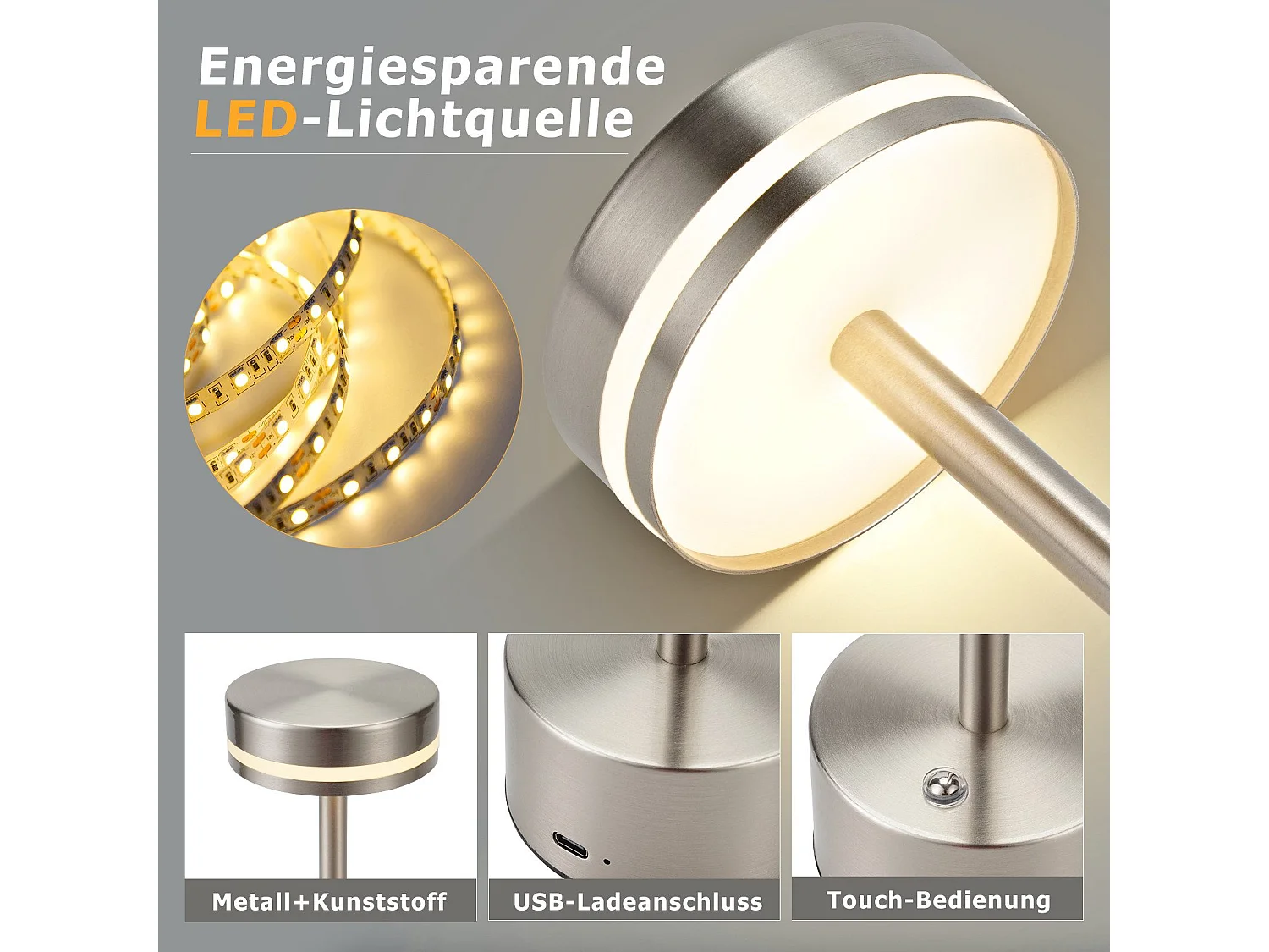 NETTLIFE Nettlife kabellose LED-Tischlampe, batteriebetrieben, dimmbar, wiederaufladbar über USB-C, Touch, Gold, Schreibtisch (Silber, 2er-Pack)