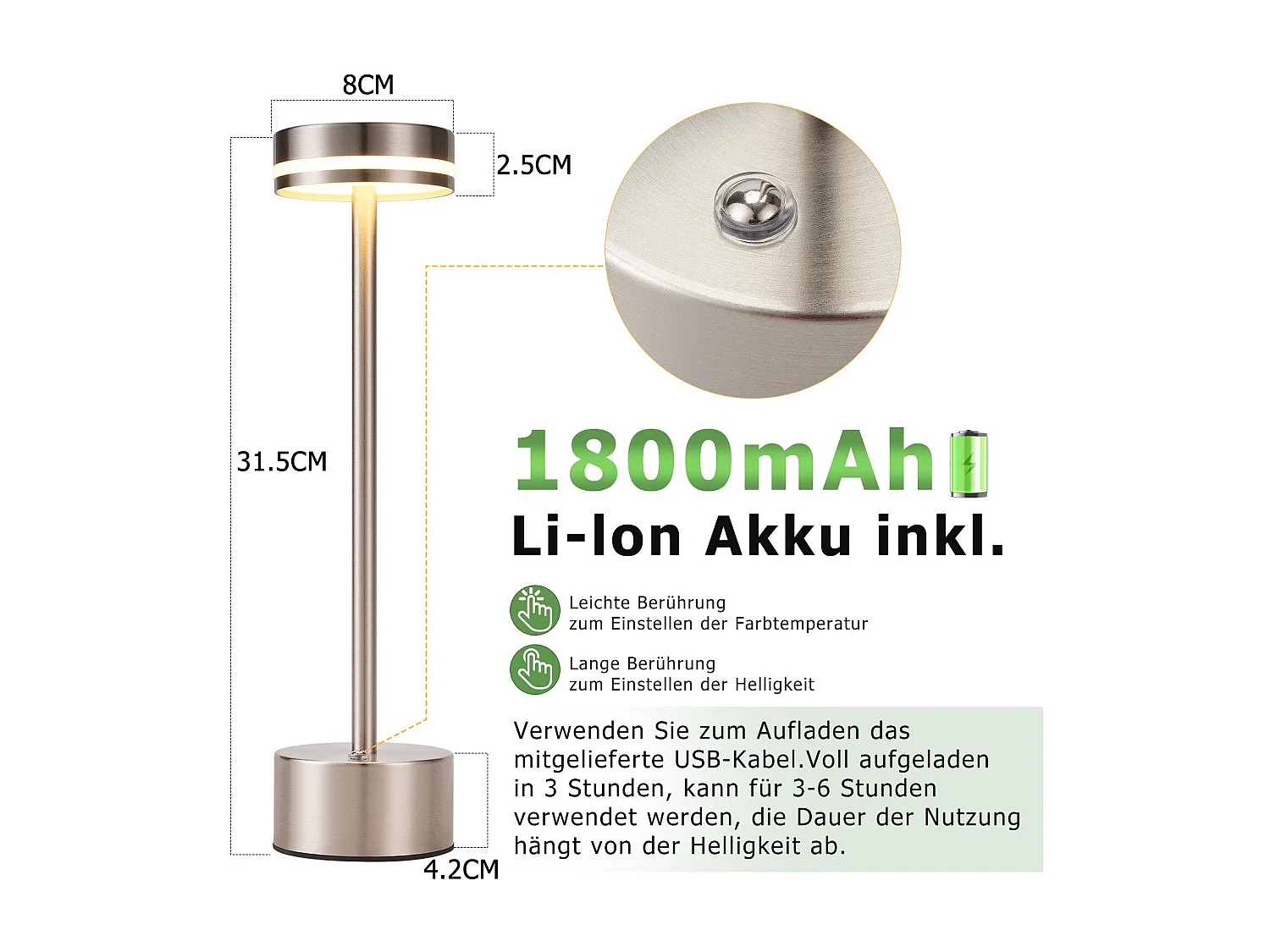 NETTLIFE Nettlife kabellose LED-Tischlampe, batteriebetrieben, dimmbar, wiederaufladbar über USB-C, Touch, Gold, Schreibtisch (Silber, 2er-Pack)