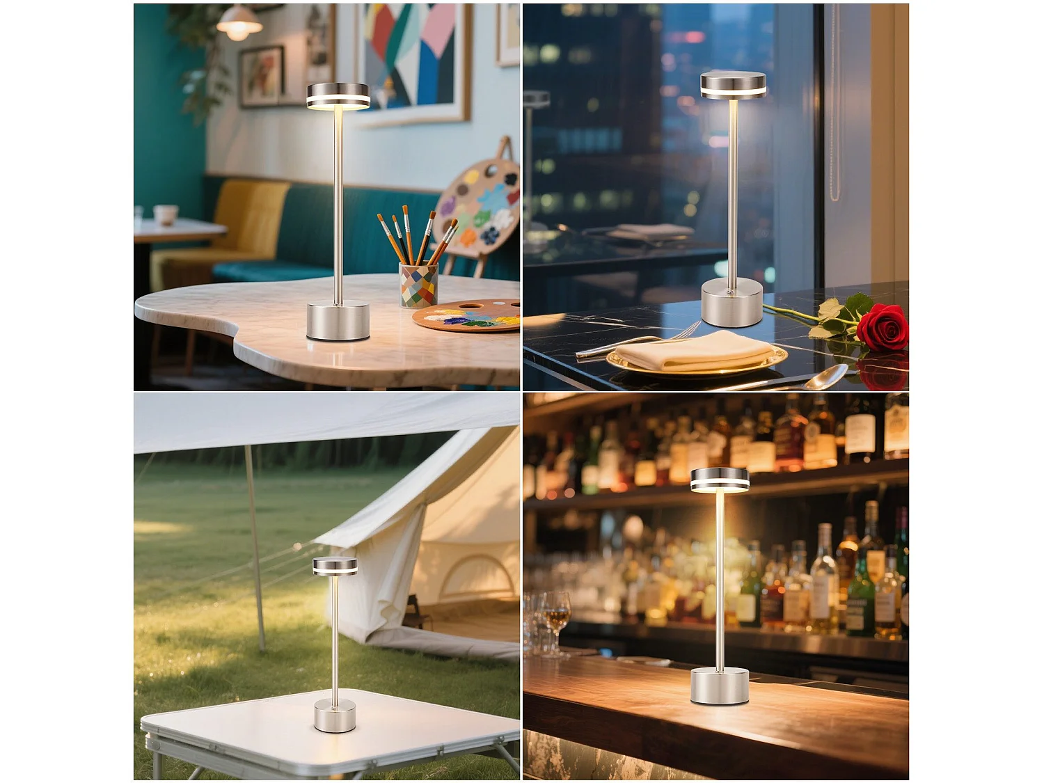 NETTLIFE Nettlife kabellose LED-Tischlampe, batteriebetrieben, dimmbar, wiederaufladbar über USB-C, Touch, Gold, Schreibtisch (Silber, 2er-Pack)