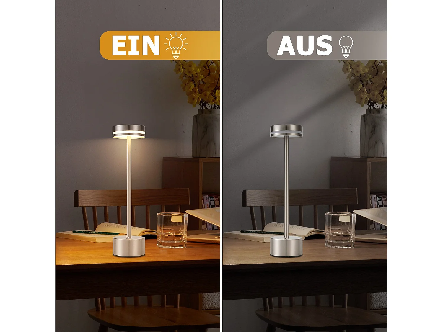 NETTLIFE Lampe de table led sans fil nettlife, à piles, à intensité variable, rechargeable par usb-c, tactile, dorée,bureau (argent, lot de 2)