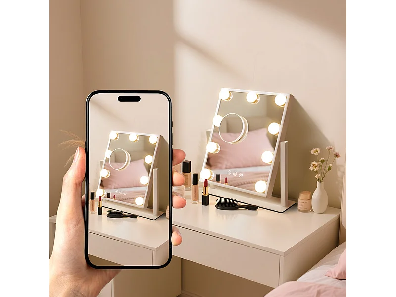 NETTLIFE Hollywood Mirror Verlichte Make-upspiegel - Kaptafelspiegel met 9 LED's Kleine cosmetische spiegel met licht Draaibaar 3 standen