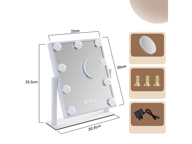 NETTLIFE Hollywood Mirror Verlichte Make-upspiegel - Kaptafelspiegel met 9 LED's Kleine cosmetische spiegel met licht Draaibaar 3 standen