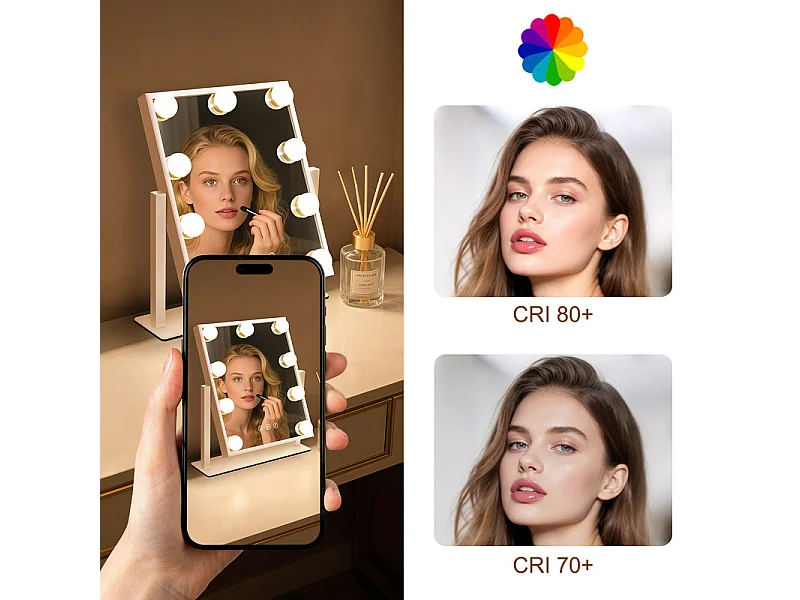 NETTLIFE Hollywood Mirror Verlichte Make-upspiegel - Kaptafelspiegel met 9 LED's Kleine cosmetische spiegel met licht Draaibaar 3 standen