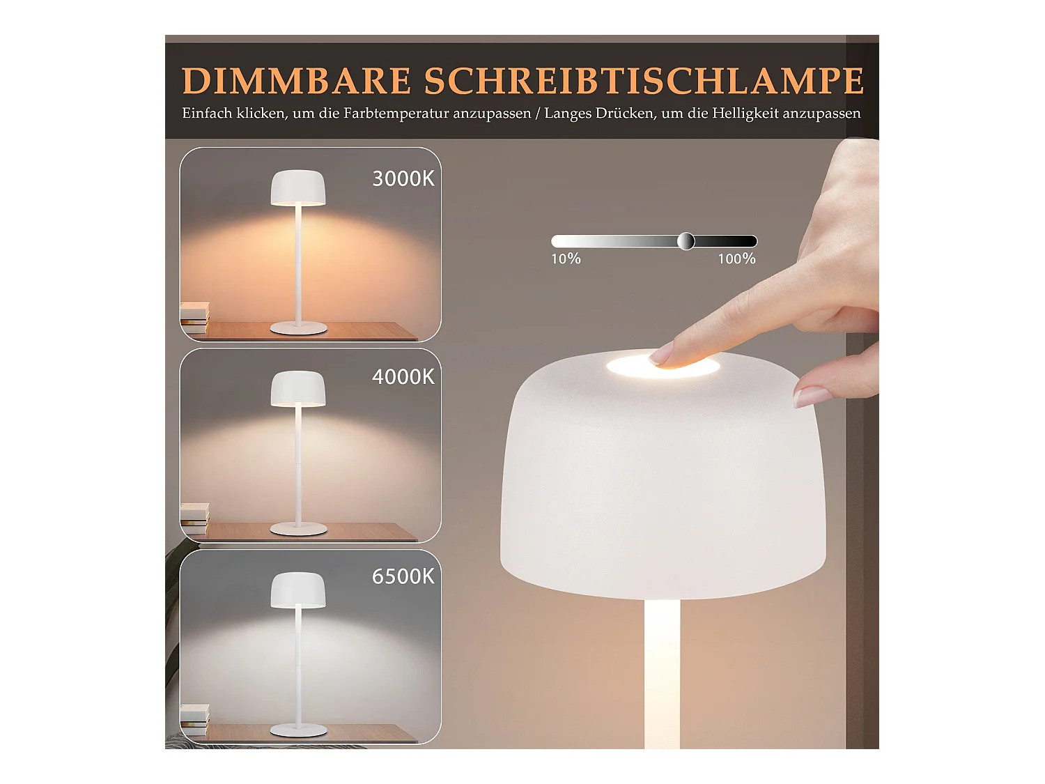 NETTLIFE Lampe de table LED sans fil, lampe de chevet à réglage continu avec batterie