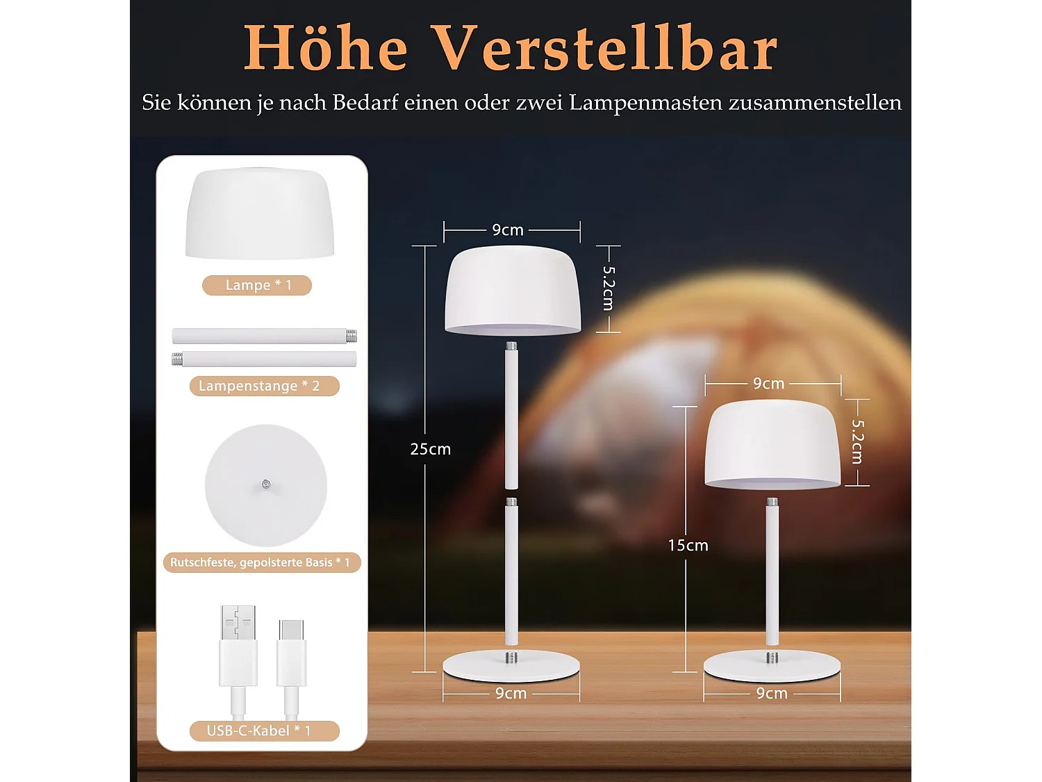 NETTLIFE Lampe de table LED sans fil, lampe de chevet à réglage continu avec batterie