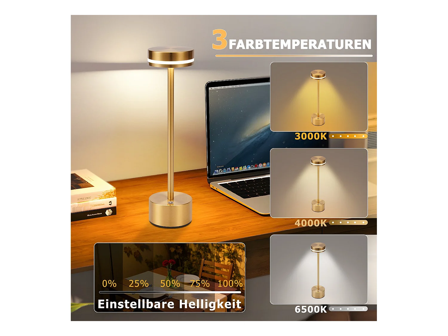 NETTLIFE Lampe de table led sans fil meoaow, rechargeable par usb-c, à intensité variable, tactile, dorée, idéale pour la chambre, la salle à manger