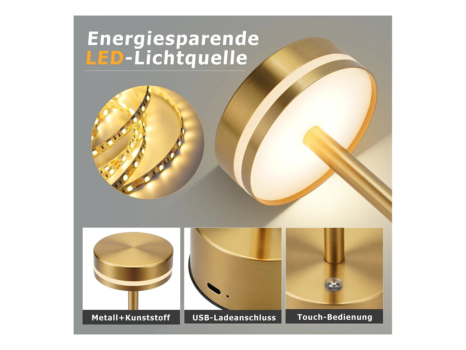 NETTLIFE Lampe de table led sans fil meoaow, rechargeable par usb-c, à intensité variable, tactile, dorée, idéale pour la chambre, la salle à manger