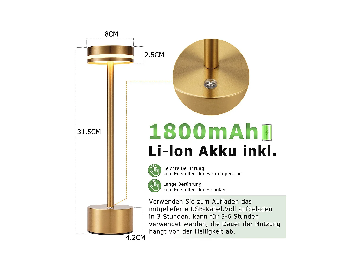 NETTLIFE Lampe de table led sans fil meoaow, rechargeable par usb-c, à intensité variable, tactile, dorée, idéale pour la chambre, la salle à manger