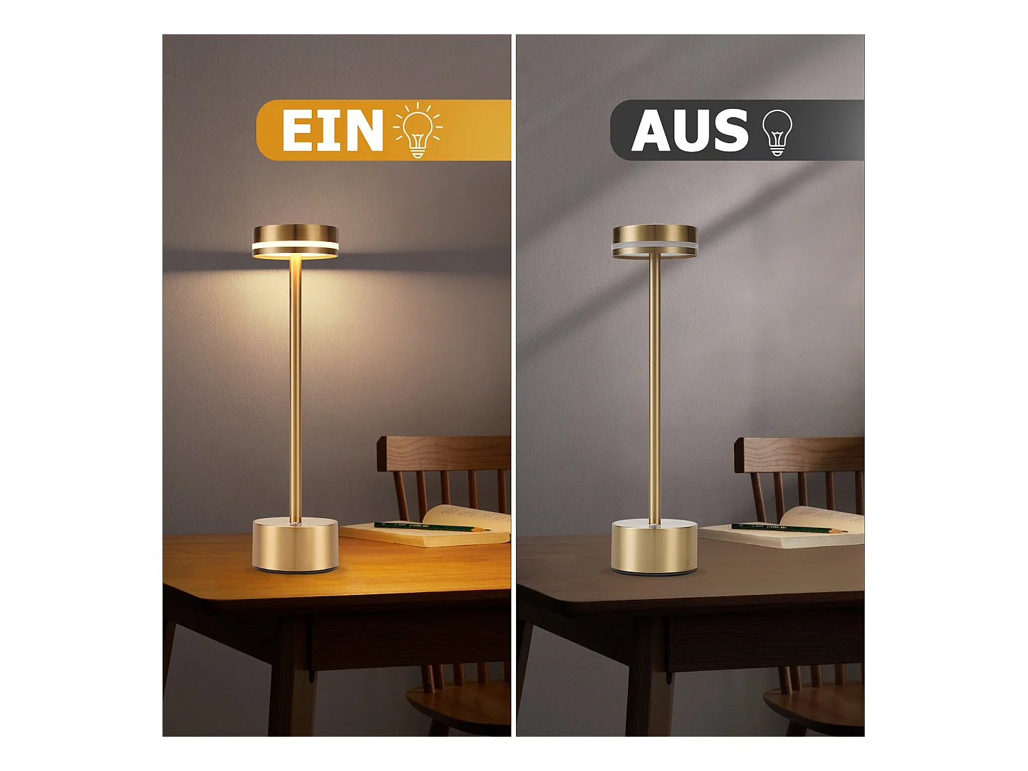 NETTLIFE Lampe de table led sans fil meoaow, rechargeable par usb-c, à intensité variable, tactile, dorée, idéale pour la chambre, la salle à manger