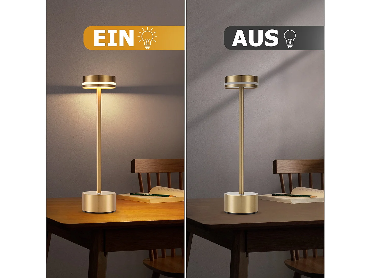 NETTLIFE Meoaow Kabellose LED-Tischlampe, USB-C wiederaufladbar, dimmbar, Touch-Steuerung, Gold, ideal für Schlafzimmer, Esszimmer