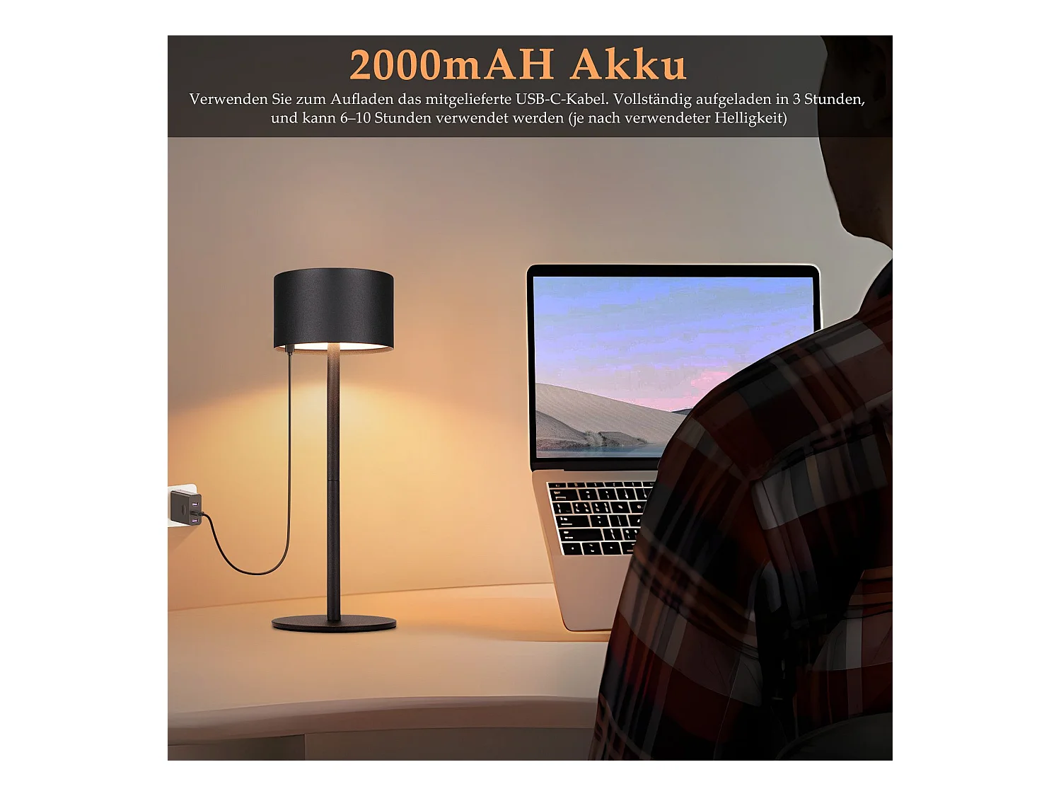 NETTLIFE Lampe de table LED sans fil : lampe de table tactile à intensité variable avec 3 températures de couleur, réglable en hauteur, USB