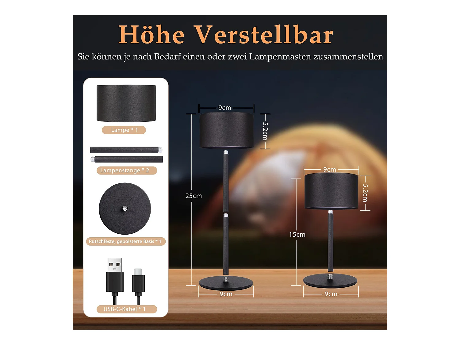 NETTLIFE Lampe de table LED sans fil : lampe de table tactile à intensité variable avec 3 températures de couleur, réglable en hauteur, USB