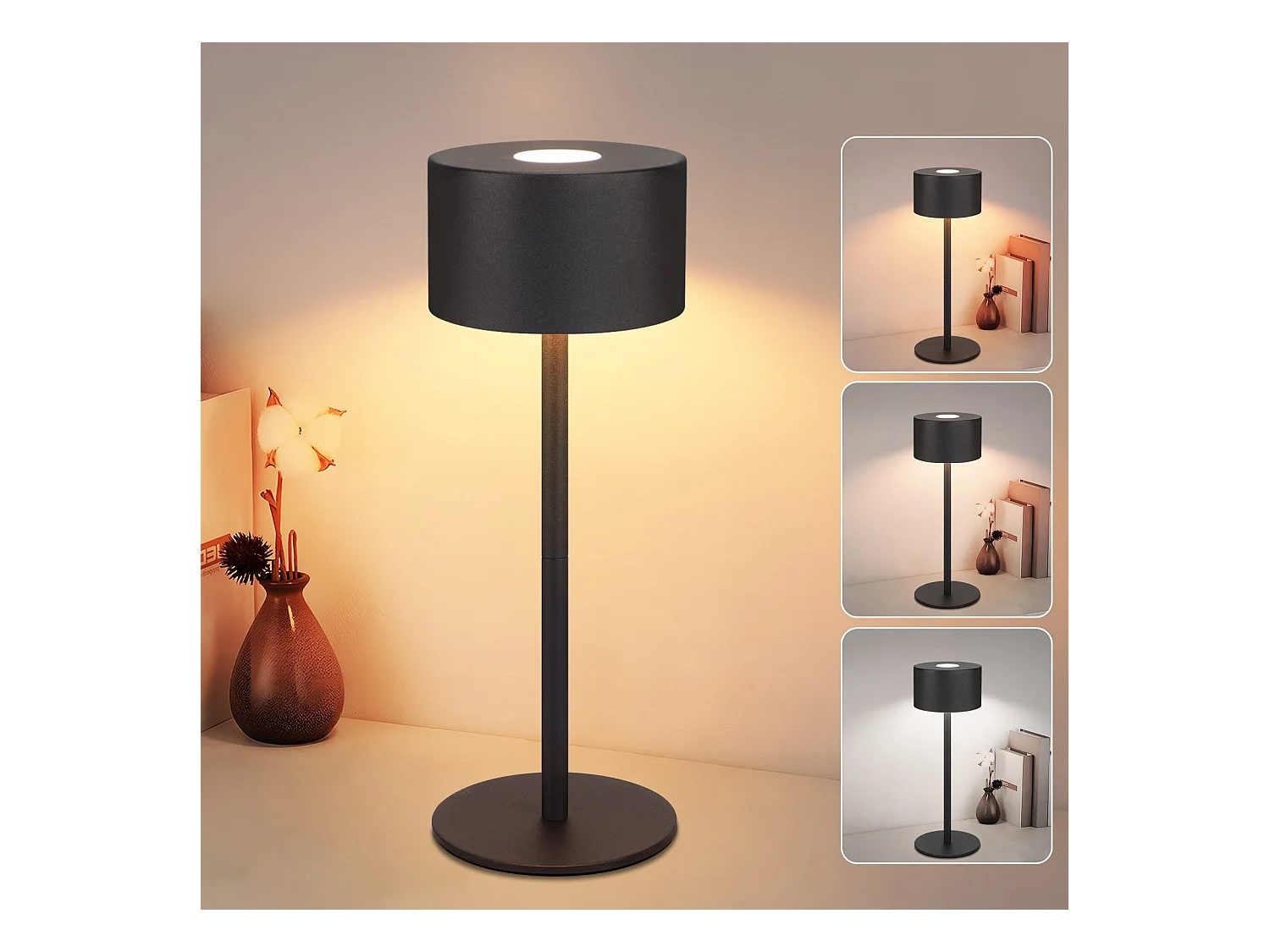 NETTLIFE Lampe de table LED sans fil : lampe de table tactile à intensité variable avec 3 températures de couleur, réglable en hauteur, USB