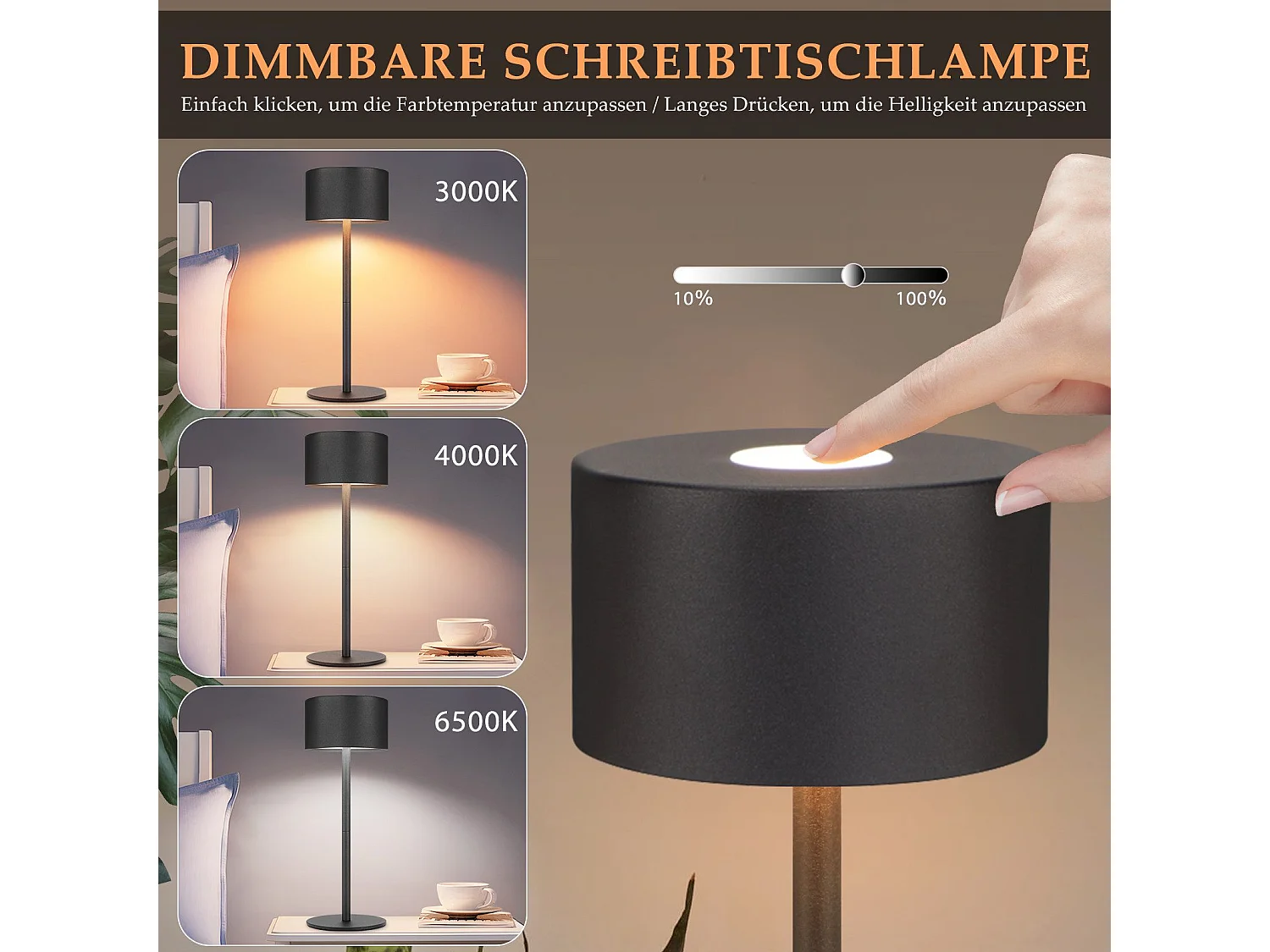 NETTLIFE Lampe de table LED sans fil : lampe de table tactile à intensité variable avec 3 températures de couleur, réglable en hauteur, USB