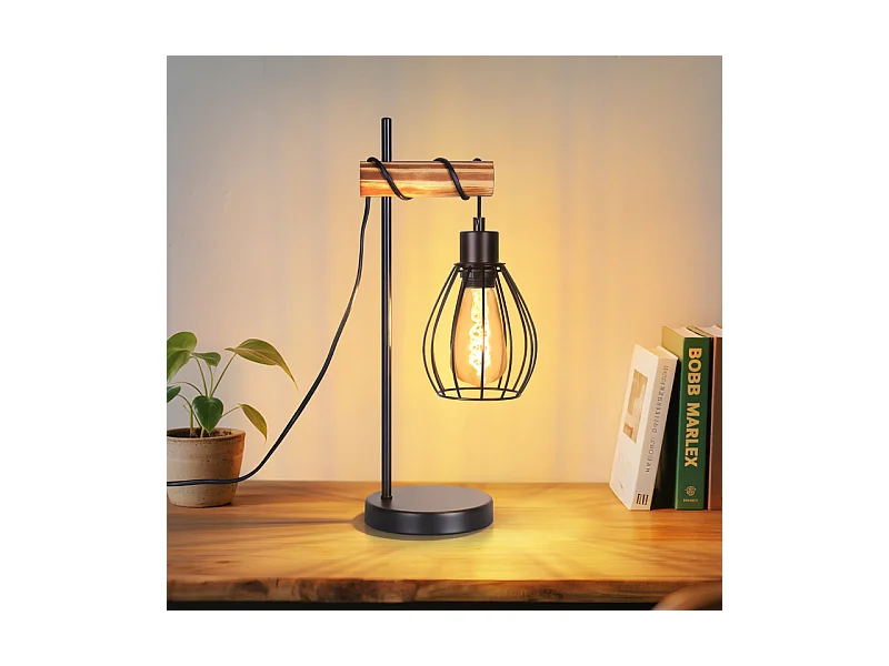 NETTLIFE Lampe de table salon lampe de table vintage bois: noir lampe de chevet 1 lumière au design industriel en métal douille e27 sans ampoule