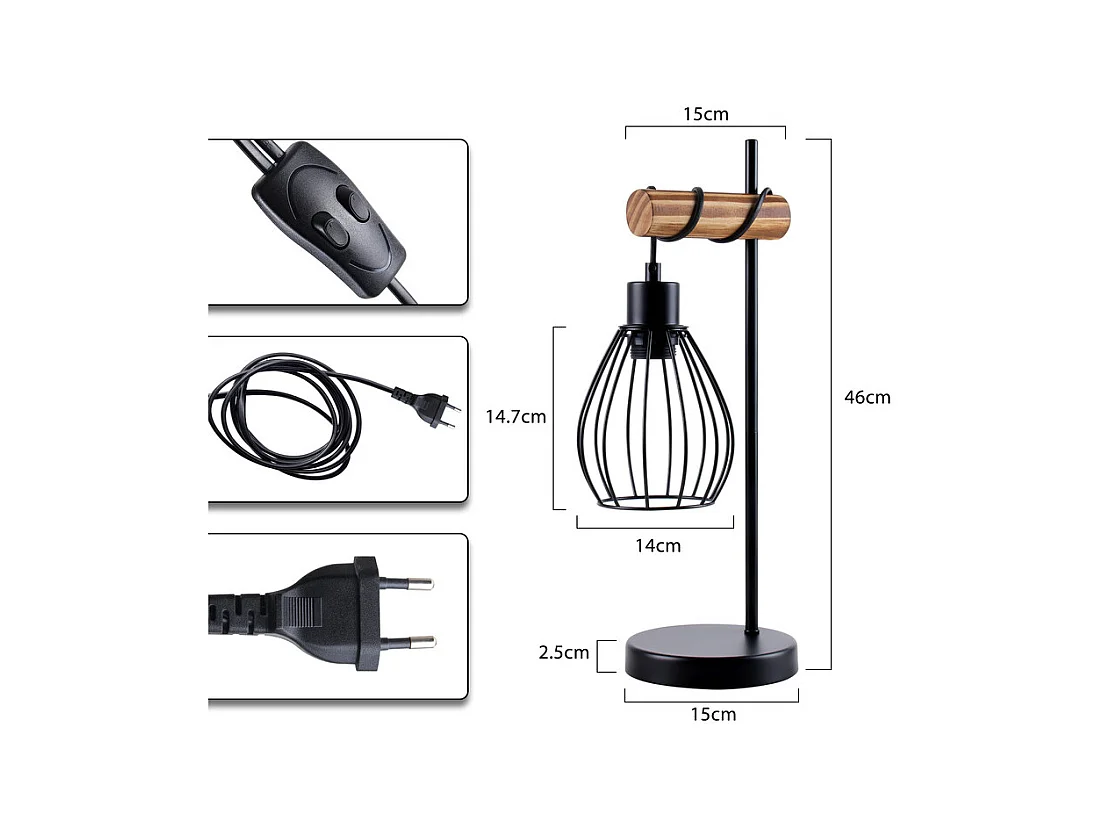 NETTLIFE Lampe de table salon lampe de table vintage bois: noir lampe de chevet 1 lumière au design industriel en métal douille e27 sans ampoule