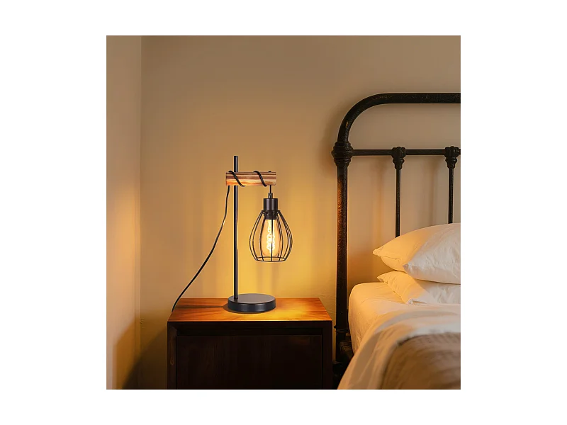 NETTLIFE Lampe de table salon lampe de table vintage bois: noir lampe de chevet 1 lumière au design industriel en métal douille e27 sans ampoule