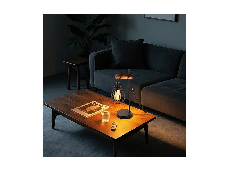 NETTLIFE Lampe de table salon lampe de table vintage bois: noir lampe de chevet 1 lumière au design industriel en métal douille e27 sans ampoule