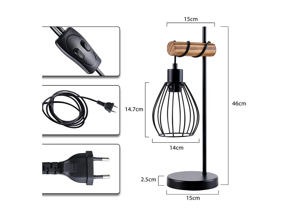 NETTLIFE Lampe de table salon lampe de table vintage bois: noir lampe de chevet 1 lumière au design industriel en métal douille e27 sans ampoule