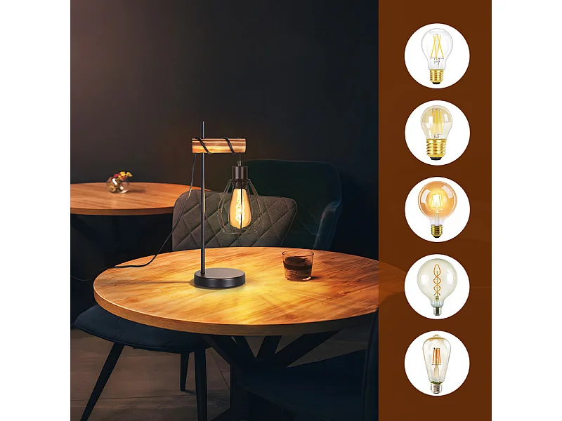 NETTLIFE Lampe de table salon lampe de table vintage bois: noir lampe de chevet 1 lumière au design industriel en métal douille e27 sans ampoule