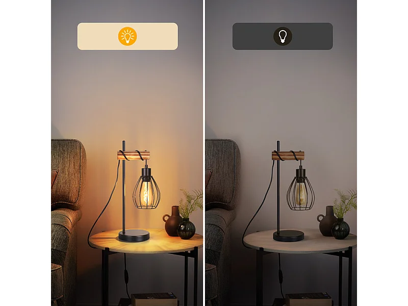 NETTLIFE Lámpara de mesa salón vintage madera: lámpara de noche negra 1 luz diseño industrial metal casquillo e27 sin bombilla