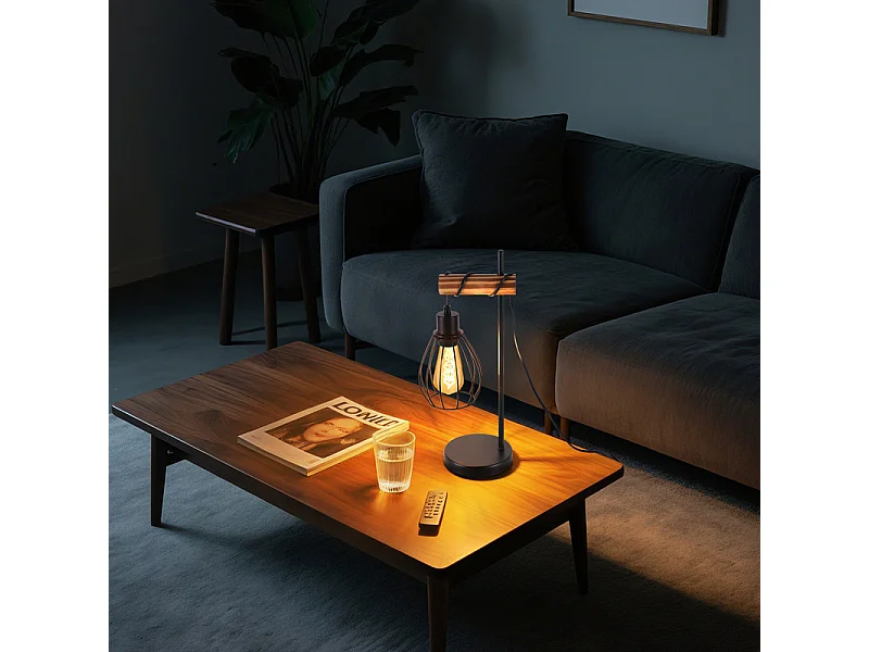 NETTLIFE Lámpara de mesa salón vintage madera: lámpara de noche negra 1 luz diseño industrial metal casquillo e27 sin bombilla