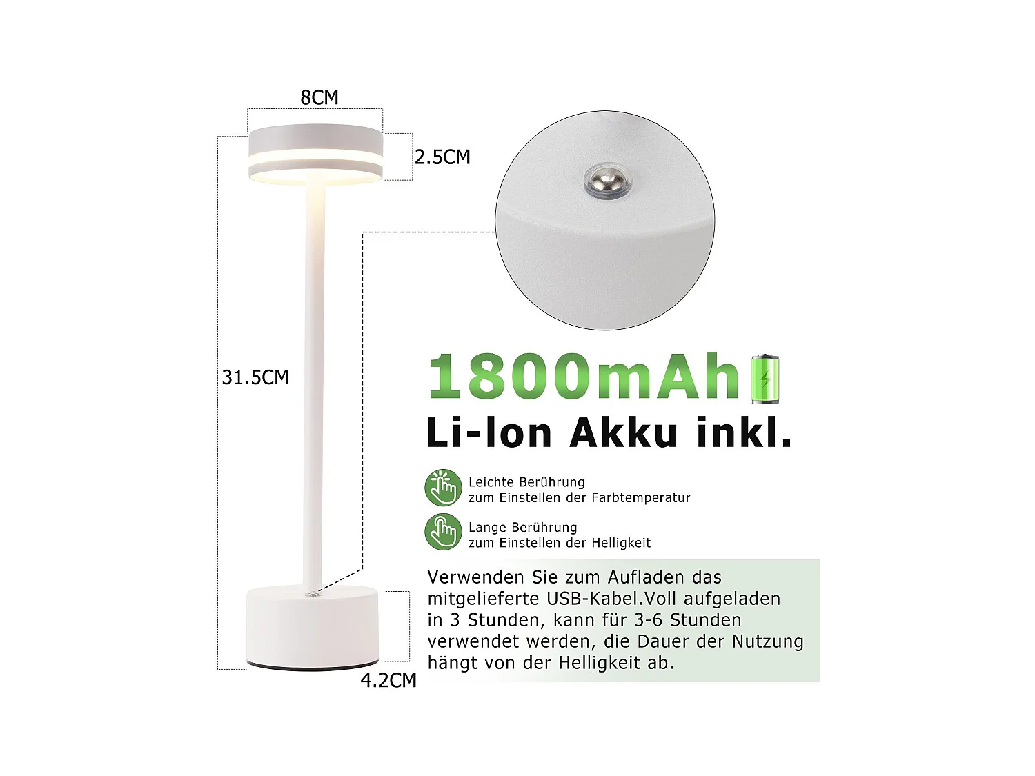 NETTLIFE Lampe de table led sans fil nettlife lampe de chevet à intensité variable avec batterie rechargeable usb-c lampe tactile blanche pour chambre