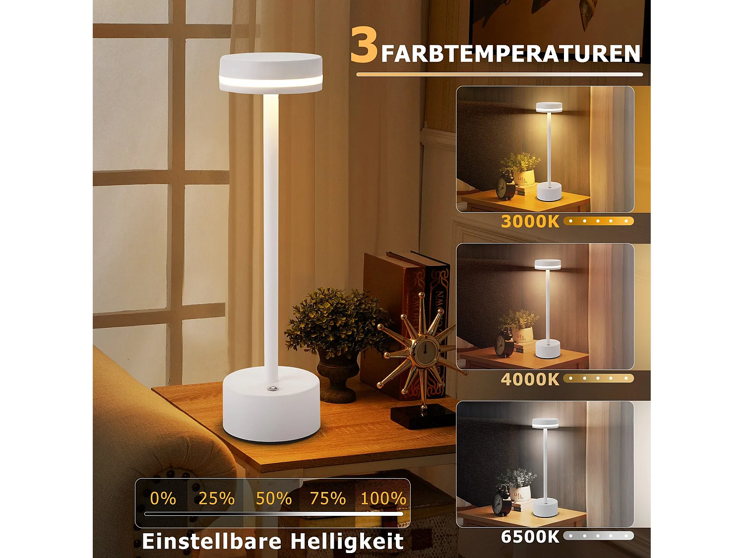 NETTLIFE Nettlife Kabellose LED-Tischlampe, dimmbare Nachttischlampe mit USB-C-Akku, weiße Touch-Lampe für Schlafzimmer