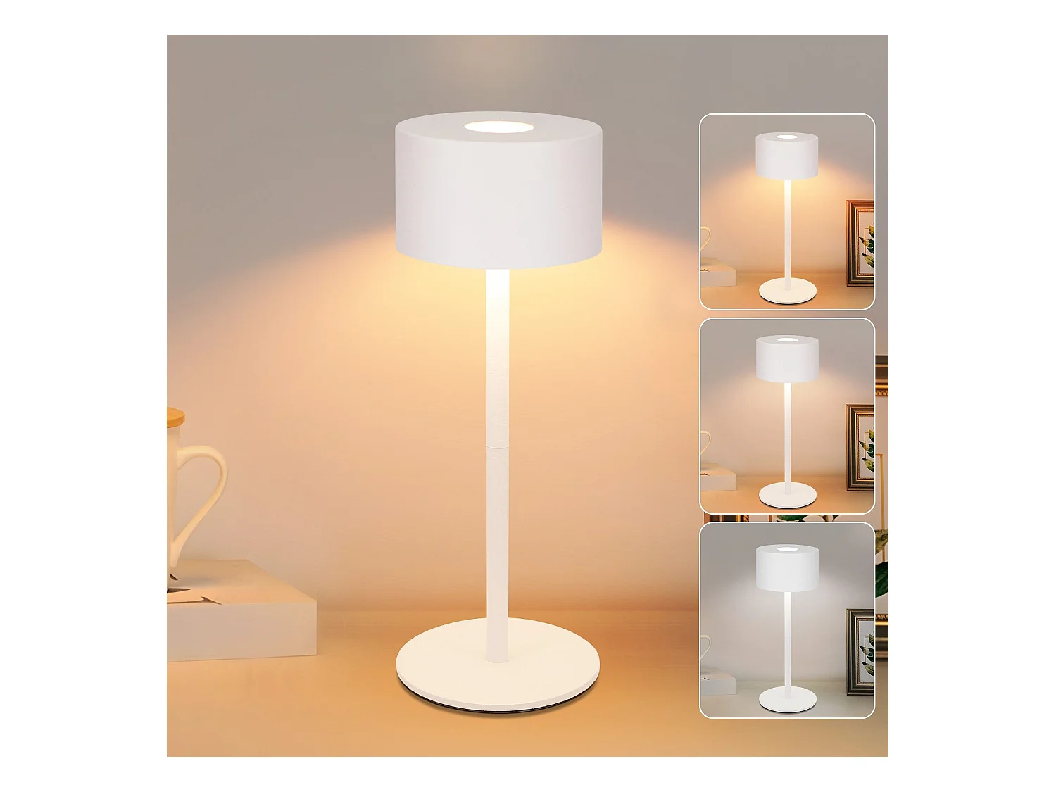 NETTLIFE Lampe de table LED sans fil : lampe de table tactile à intensité variable avec 3 températures de couleur, réglable en hauteur, USB